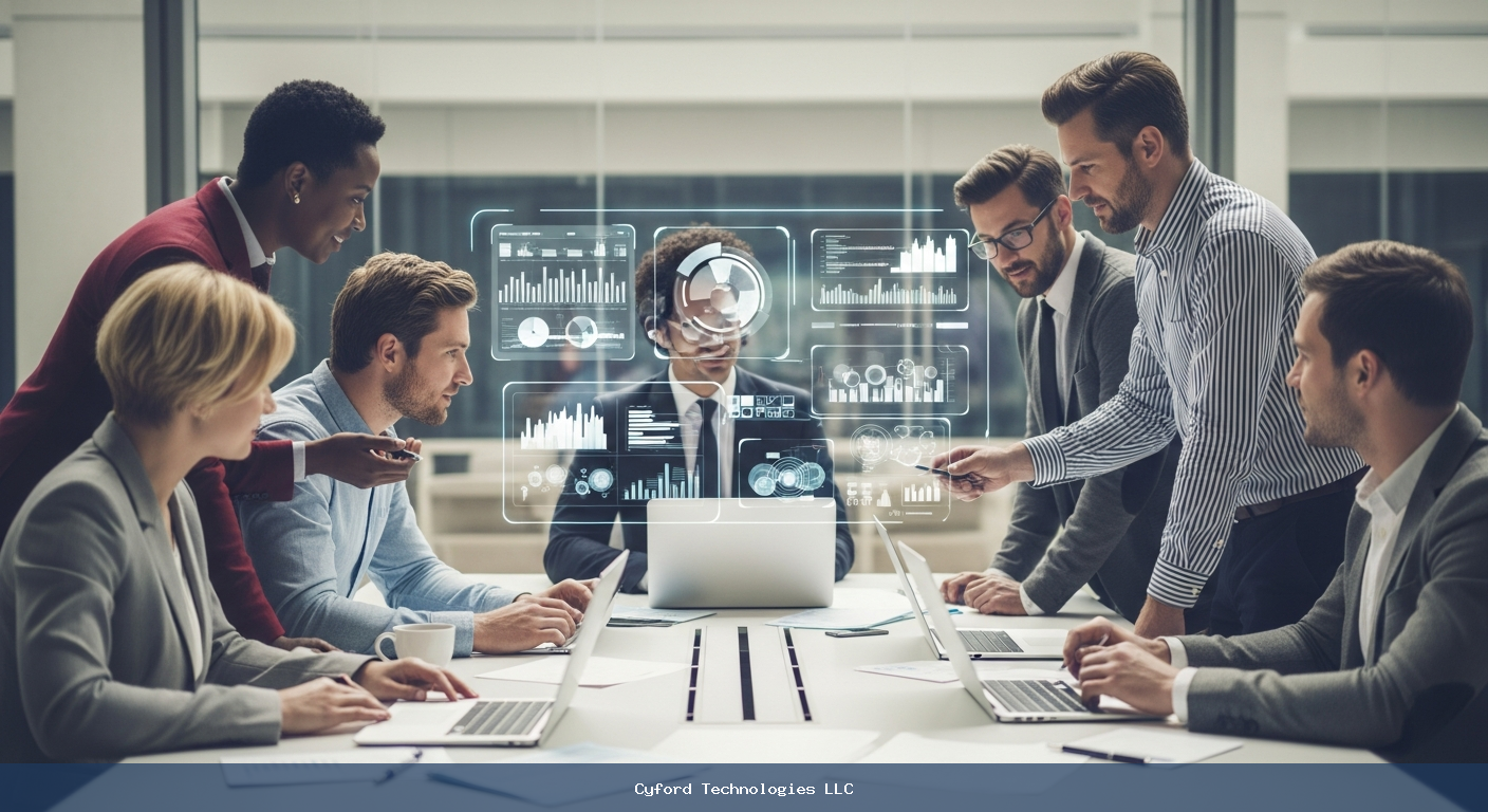 diverse team of tech journalists collaborating around a futuristic conference table analyzing data